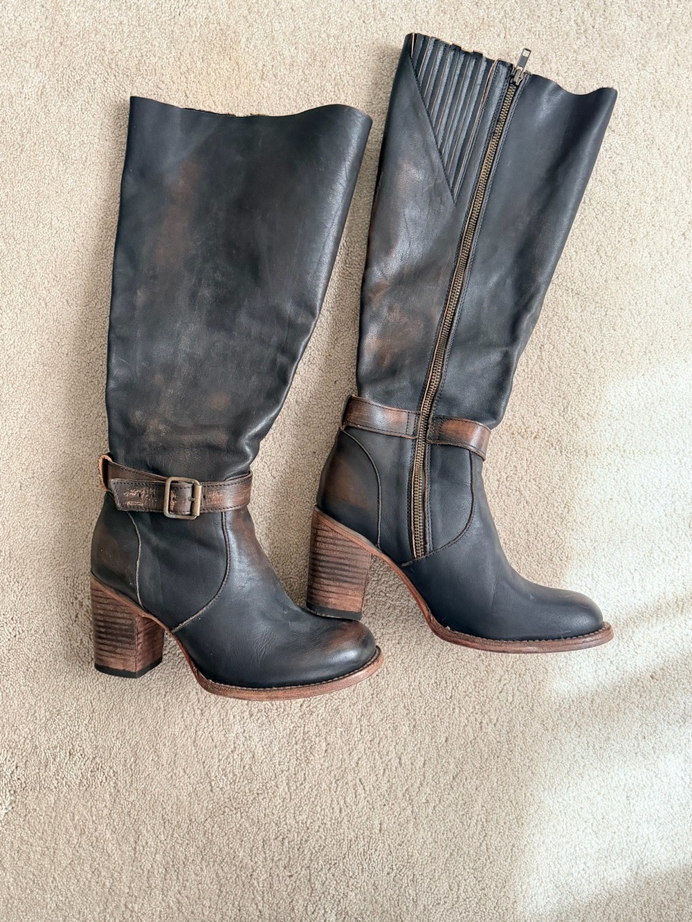 Freebird by Steven Black Leather Mid-Calf Buckle Heeled Boots